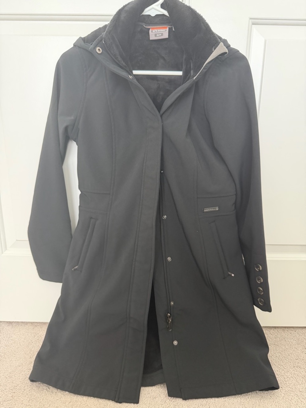Merrell Aeroblock Women’s Softshell Long Coat Black XS Faux Fur Lined Hood